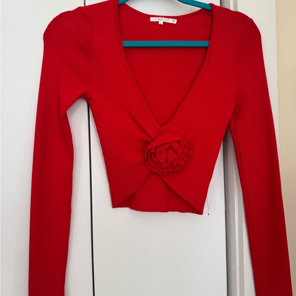 Red V-Neck Rosette Top